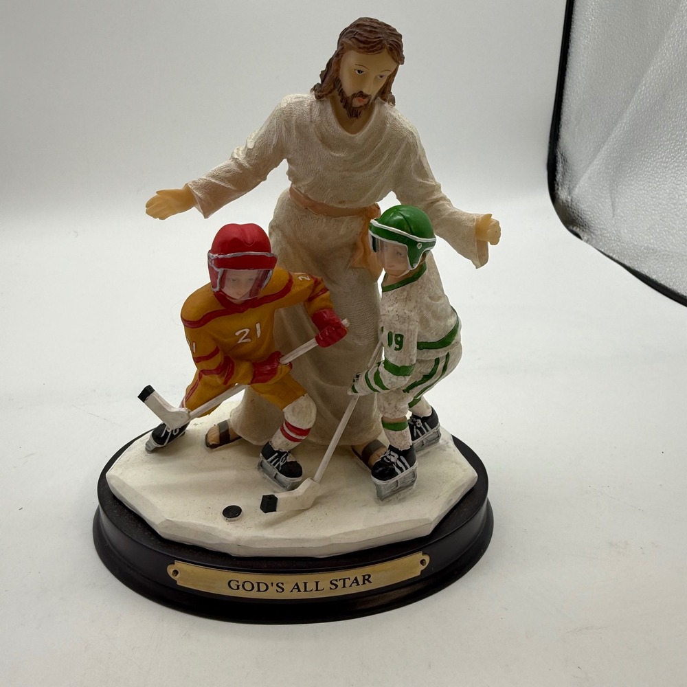 Gods All Star Jesus Hockey Figurine Religious Sports Statue Wood Base